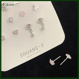 Fitow 1Set Korea Cute Pink Heart Little Stud Earrings Sweet Cool Love Zircon Ear Studs Aesthetic Earrings Girl Jewelry Gift