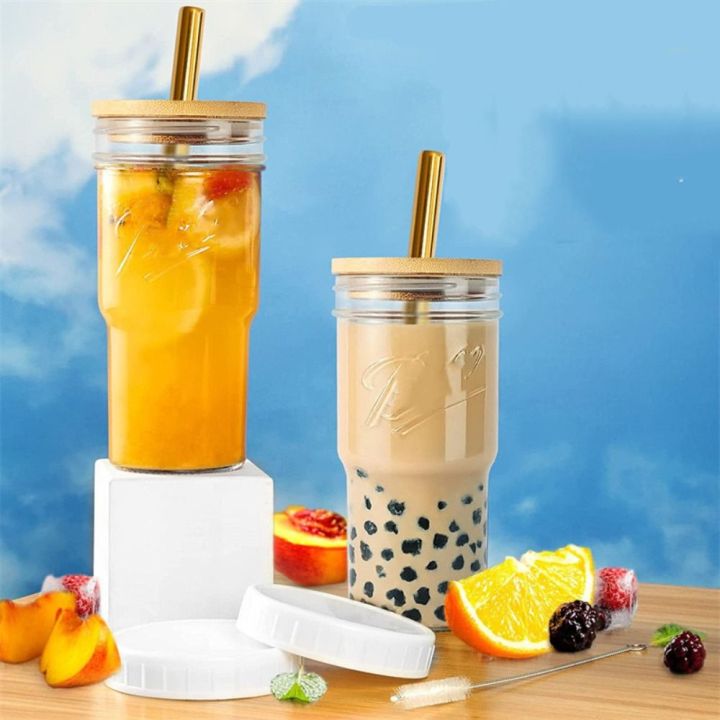 SEVENN Bamboo Lids Glass Boba Cup Transparent 700 Ml Glass Bubble Tea