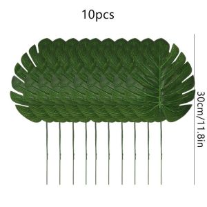 10Pcs Artificial Tropical Palm Leaves Green Turtle Branches Fake Monstera Plants for Birthday Wedding Party Table Decoration