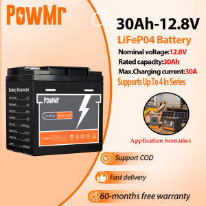 PowMr 12.8V 30Ah Lithium Iron Phosphate LiFePO4 Battery Built-In BMS Protection 3000+ Deep Cycles Compact Rechargeable Energy Storage Battery