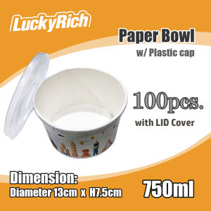 LuckyRich - Paper Bowl 750ml with Plastic cap cover - food storage - soup bowl / noodles