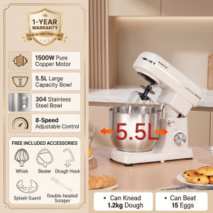 [1500W Heavy Duty] SUNATUR 5.5L Stand Mixer Dough Mixer & Egg Beater Metal Gears 8-Speed 304 Stainless Steel Bowl Ready Stock Philippines1 Year Warranty