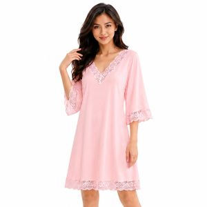 QMissLin QML-0072 Womens Cotton Lace V-Neck Nightdress Soft Loose Fit 3/4 Sleeve Sleepwear Lounge Dress