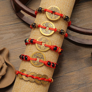Hand Woven Copper Coin Red Rope Bracelet Five Emperors Coin Om Mani Padme Hum Praying Hand Rope For Fortune In The Life Year Foot Chain