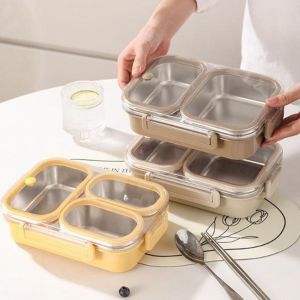 OKDEALS01 Sealed Stainless Steel Lunch Box Rectangle Leakproof 2/3 Gird Food Storage Box Portable Anti Odor Divided Food Storage Container for School