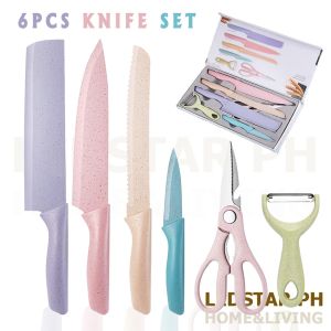 SZ Large Size Kitchen Knife Set 6 Piece Set Pastel Colors Stainless Steel Chefs Knife Bread Knife Cleaver Scissors Kitchen Tools Holiday giveaway