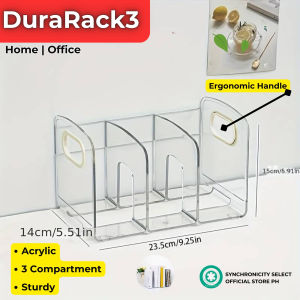 DuraStand Transparent Acrylic Bookshelf and Desk Organizer with 4 Compartments for Office Supplies Designer Bags Assignments Corporate Documents File Storage and Home Organization