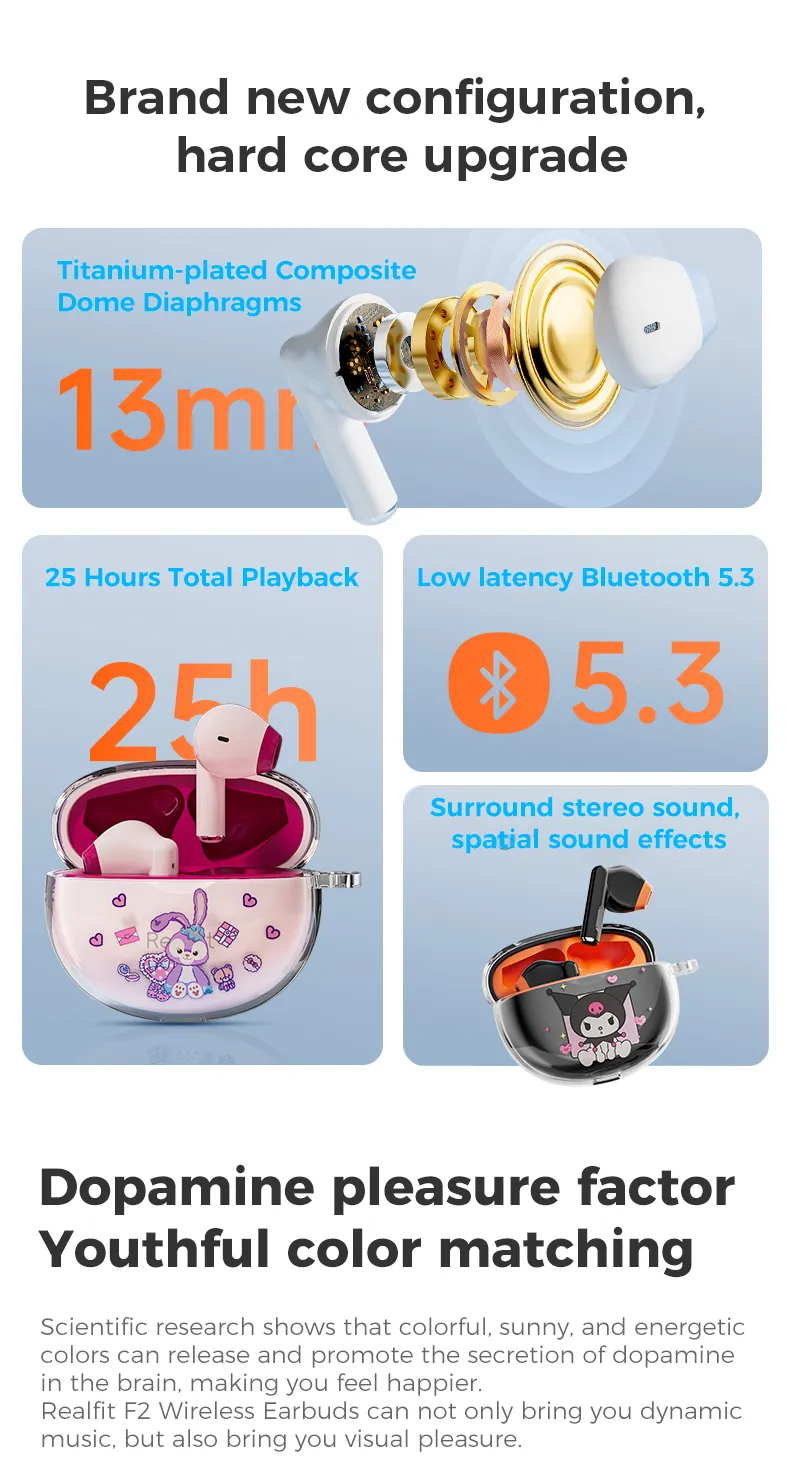 realfit F2 หูฟังบลูทูธเบสที่ยอดเยี่ยมหูฟังไร้สายพร้อมไมโครโฟน 5H เล่นยาวสไตล์เดียวกันกับ Bass หูฟัง Lenovo LP40 Pro