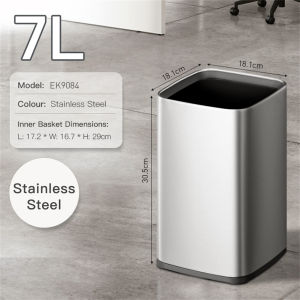 EKO Open Top Dustbin with Removable Inner Basket Square Small Stainless Steel Garbage Rubbish Bin 7L 10L 12L Trash Can for Kitchen Livingroom Office Home Tong Sampah