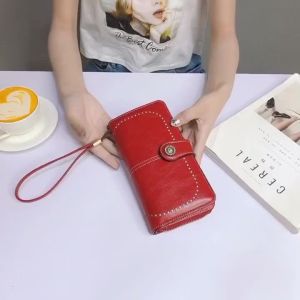 Cross-border best-selling new womens wallet vintage oil wax leather long hollow-out wallet multifunctional large-capacity phone bag
