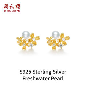 ZHOU LIU FU 周六福 ต่างหู S925 Sterling Silver Natural Freshwater Pearl Cute Flowers Stud Earring X0914575