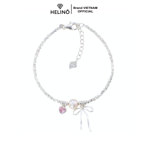 Lắc tay bạc nữ HELINO hạt bạc vỡ mix charm nơ trái tim hồng và ngọc trai lấp lánh xinh xắn V39