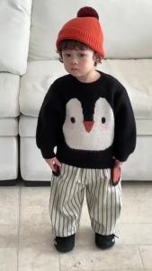 Childrens Clothing Autumn and Winter Korean Style Baby Penguin Sweater 2025 Boys Thickened Striped Pants Set