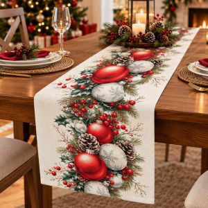 Perfect Mom and Baby Linen Christmas Table Runner Christmas Tree Print Reusable Waterproof Xmas Home Dining Table Decor Holiday Decoration