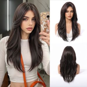 EASIHAIR Phụ nữ Tóc giả tổng hợp Dài màu nâu Ombre Tóc vàng nhiều lớp Tóc giả thẳng với mái bằng rèm Tóc tự nhiên để sử dụng hàng ngày2026