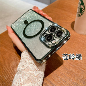 Kisscase Ốp sạc không dây Magsafe dần dần kim cương giả sang trọng cho iPhone 15 Pro Max 14 Plus 13 12 11 Pro Max nhựa PC trong suốt bảo vệ ống kính máy ảnh kim cương Vỏ lưng điện thoại kẹt giấy chống sốc