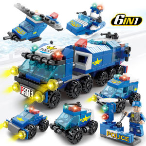 6 in 1 Building Block Car Small Particles Fire Brigade Police Military Tank Assembly Splicing Hands-on Ability Children Educational Toys Boy Gift
