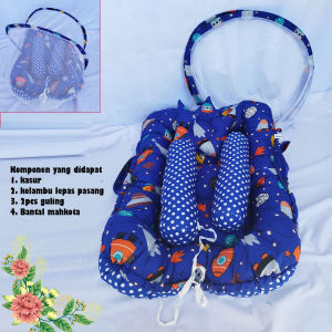 Kasur Bayi Kelambu Portable Baby Nest Serut Motif Bolak Balik Bonus Tas dan Bantal Guling