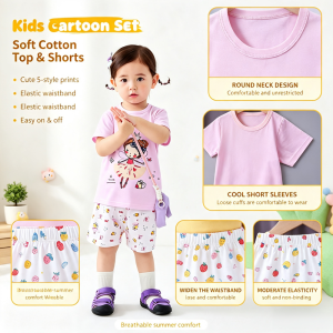 AILEBE Kids Sets Cotton Terno Top Shorts Set Soft Breathable Summer Wear 5 Cute Cartoon Styles Elastic Waist Easy On Off Pambahay OOTD For Baby Girls 1-10 Years