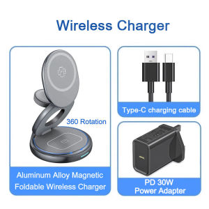 ZUZG 3-IN-1 Travel Wireless Charger for Multiple Devices Aluminum Alloy Foldable Magnetic Magsafe Charger 360 Rotating for iPhone 1716/15/14/13/12 Seriesfor iWatchfor Airpods with PD30 Fast Charger