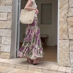 Summer Ladies Elegant Pleated Chiffon Skirt WomenS Patchwork Large Swing Skirt Flowing Printed Long Skirt