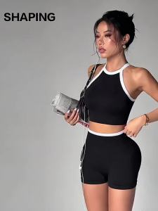2026 Hot Sale [ Shipped from China ] New womens sports suit with contrasting colors backless high-waisted butt-lifting shorts fitness wear for running training and yoga B3