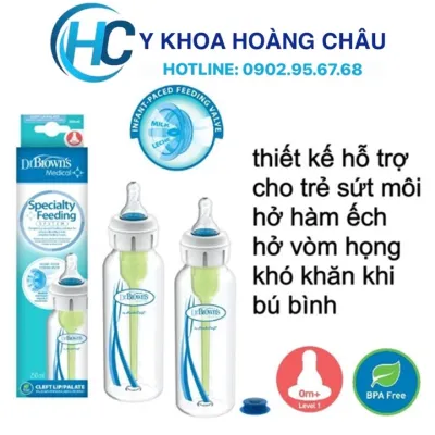 Bình sữa Y Tế Dr Brown dành cho trẻ sứt môi hở hàm ếch cổ thường 250ml và 120ml