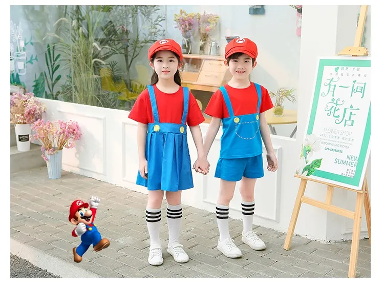 Game Super Mario Brothers Costume For Kids Cosplay Uniform Set Super Mary  Short Skirt Children School Dance Clothes【Without Hat】