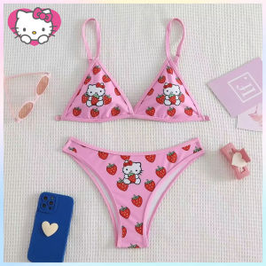 Hello Kitty Hawaii Split Swimsuit Suit for Women In Summer Kawaii Hot Girl Small Breasts Push Up Bikini Beach Wear Surfing Suit