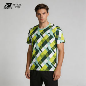 AIDEN Men Quick Dry Sports T-Shirt Geometric Green Plaid Breathable Tee For Badminton Running Gym Outdoor Workout Comfort Sportswear