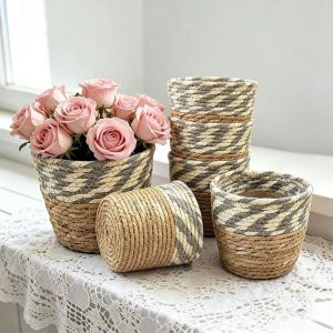 GTRBFDS Handmade Woven Woven Straw Plant Basket Rattan Straw Plant Containers Rattan Flower Pot Vintage Storage Basket