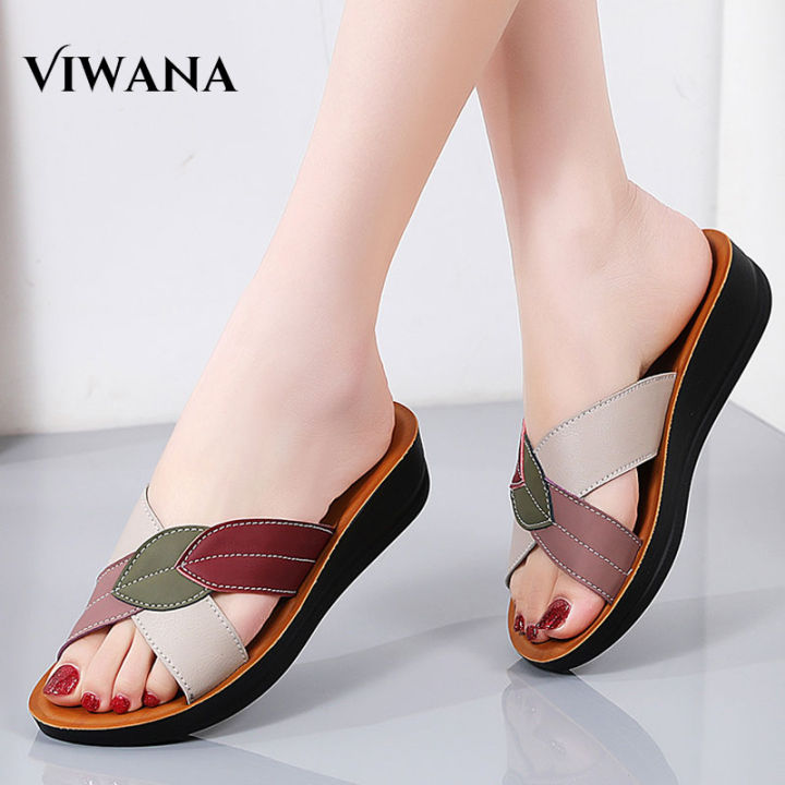 VIWANA Flat Slippers For Women On Sale 2023 New Design Genuine Leather Wedge Sandals Anti Slip Outdoor Slides Sandal Casual Slippers Women Shoes Plus Size 41 Lazada