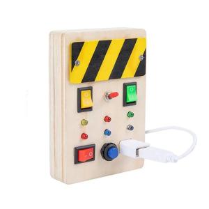 Montessori Busy Board Toy Wooden Sensory Toy with LED Light Buttons Pluggable Wire Toddlers Children Montessori Life Skills Toys