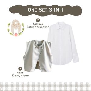 SETELAN Wanita 4in1 Hijab Bella & Vest Kekinian & Kemeja Basic Putih & Rok Cargo Panjang Cream 19A