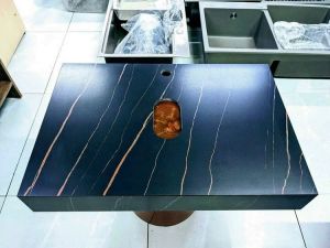 Bàn đá treo tường lavabo PK020 - Kích thước 70x47cm - Kiểu hộp và yếm - Màu trắng xám và đen - Đặc biệt chống trầy thấm ố