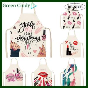 [Green Cindy] Nail Polish Lipstick Beauty Kitchen Women Apron Household Cleaning Flax Pinafore Salon Home Cooking Baking Adult Bib