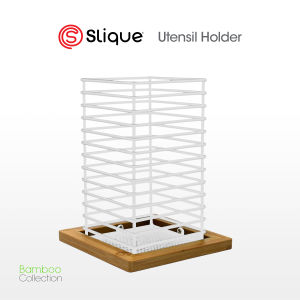 SLIQUE Premium Utensil Holder 12x12x16cm Cutlery Drainer Tableware Organizer Cutlery Rack Bamboo Metal Wire Organizer