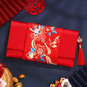 xpkQ Chinese Wedding Engagement Special Red Envelope 2026 New Happy Blessing Character Tapestry Satin Cloth Red Envelope Money Bag 4P7H5