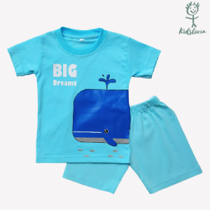 Setelan Kaos Anak Laki LakiCelana Pendek Anak Usia 1-6 Tahun Bahan Katun Warna Biru Muda Ikan Paus
