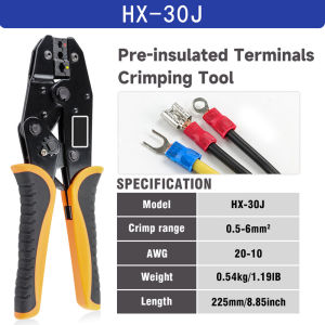 Kìm Bấm Cos Bánh Cóc HX - 30J - Kẹp Đầu Nối Dây Điện Cách Nhiệt 0.5 - 6mm² (AWG 20 - 10) - Chuyên dụng cho điện