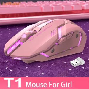 PT1T1 Gaming Pink Mouse Wireless 2.4G Mice Cute Mute Computer Mouse USB Backlight Rechargeable Wireless Mouse For PC IOS Laptop Mouse