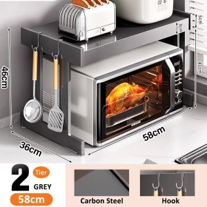 Microwave Shelf Rack Pull Out Rack Organizers with Hooks 2 Layer Kitchen Racks Organizer Expandable Rice Cooker Rack Height Adjustable Oven Stand Rack Condiments Shelf 