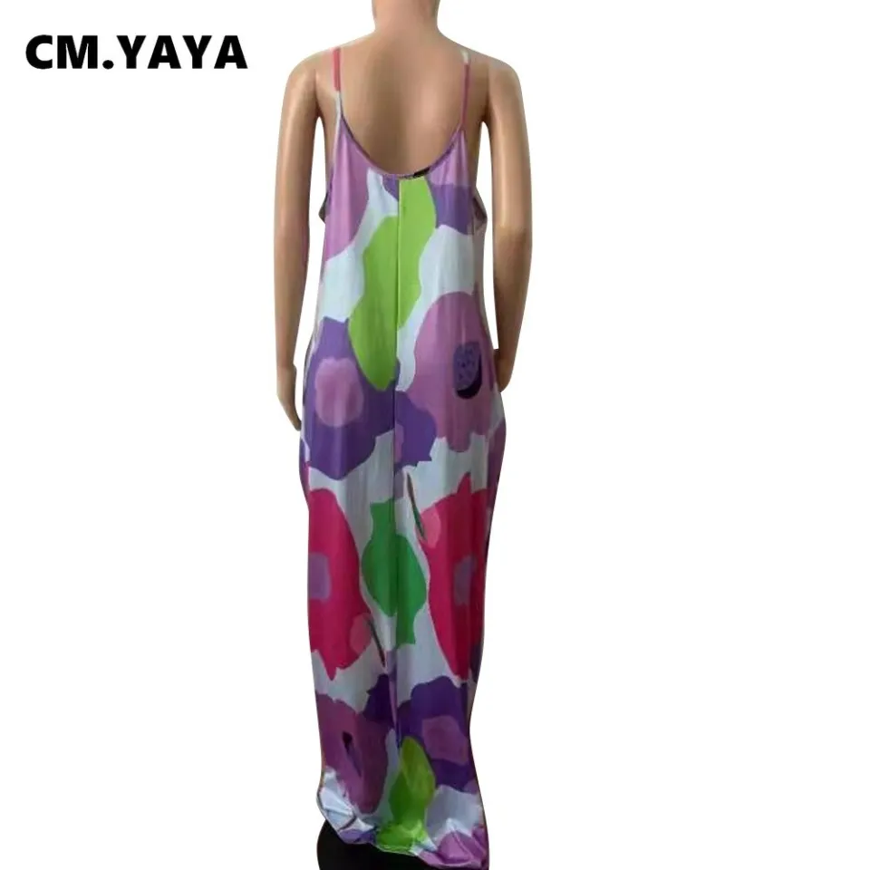 CM.YAYA Women Plus Size Dress Print Sleeveless Strap V-neck Loose