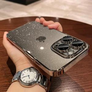 Glitter Transparent Hard PC Slim Case for iPhone 16 15 14 Pro Max Plus 13 12 11 Plating Clear Camera Protector Ultra Thin Cover