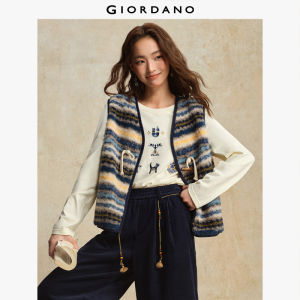 Giordano Women Faux Lamb Wool Knitted Vest Jacket with V-Neck Colorful Stripes & Horn Buttons Free Shipping 18375610
