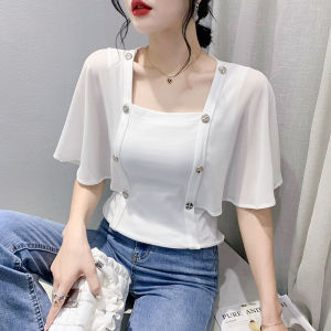 YIMEI French Square Neck T-shirt for Women 2023 Summer New Chiffon Shawl Sunscreen 5/4 Sleeve Womens Black Top Cotton Slim Fit Beautiful Guangzhou Womens T-shirt