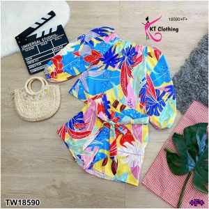 AK 18590 Set 2 ชิ้น เสื้อเปิดไหล่ แขนยาว มากับกางเกงขาสั้น