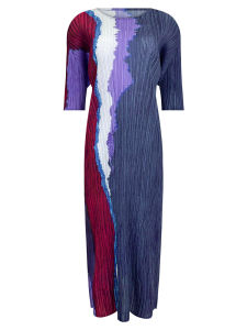 Miyake ชุดเดรสคอกลมแขนสั้นจับจีบใหม่ฤดูร้อนพิมพ์ลายย้อนยุค