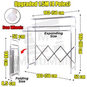 1.5M 4 Poles Upgraded H Laundry Rack  Drying Rack    Clothes Rack  Clothes Drying Rack  Foldable Rack