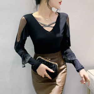 Yimei kim cương nổi bật công nghiệp nặng Áo sơ mi mặc trong phụ nữ tay áo dài thời trang mùa xuân và mùa thu lá sen tay áo dài lưới Dance Top phong cách nhìn mỏng Áo phông cổ chữ V